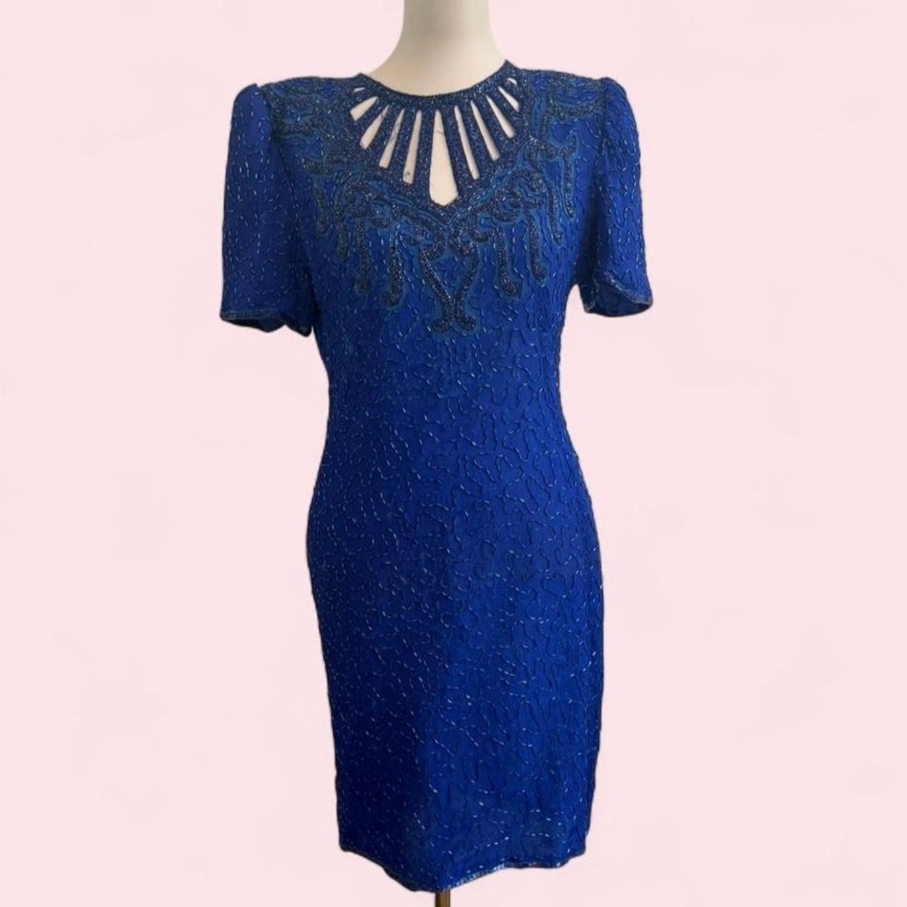 Vintage Lawrence Kagan 100% Silk Royal Blue Beaded Cutout‎ Dress — Size L